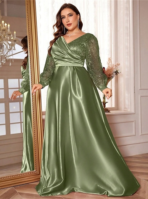 knee length dresses for ladies Berylove Women Maxi Mother Dress Plus Size Sparkly Navy A Line V Neck Wedding Party Guest Dress with Long Sleeves, Navy / 3XL