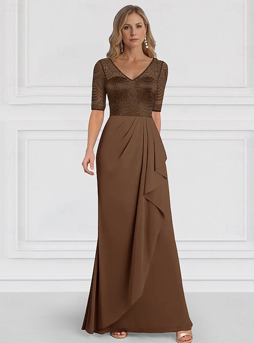 Sheath Column Floor Length Wedding Guest Dress Formal Dresses Evening Gown Mother of the Bride Dress Half Sleeve V Neck Elegant Wedding Guest Formal Evening Wedding Party Chiffon with Ruffles Solid 2026 - Sheath Column Floor Length Wedding Guest Dress Formal Dresses Evening Gown Mother of the Bride Dress Half Sleeve V Neck Elegant Wedding Guest Formal Evening Wedding Party Chiffon with Ruffles Solid 2026 -