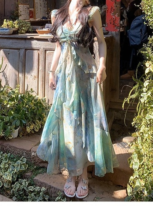 Women's Long Dress Maxi Dress Print Dress Modern Vacation Holiday Tea Party  Regular Fit Flower Sleeveless V Neck Green Summer 2026 - $29.99