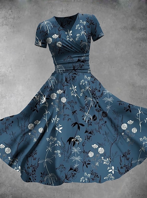 Women's Midi Dress A Line Dress Summer Dress Fit And Flare Dress Party  Casual Daily Holiday Regular Fit Floral Graphic Short Sleeve V Neck Blue  Navy Blue Green Summer Spring 2026 - $30.99