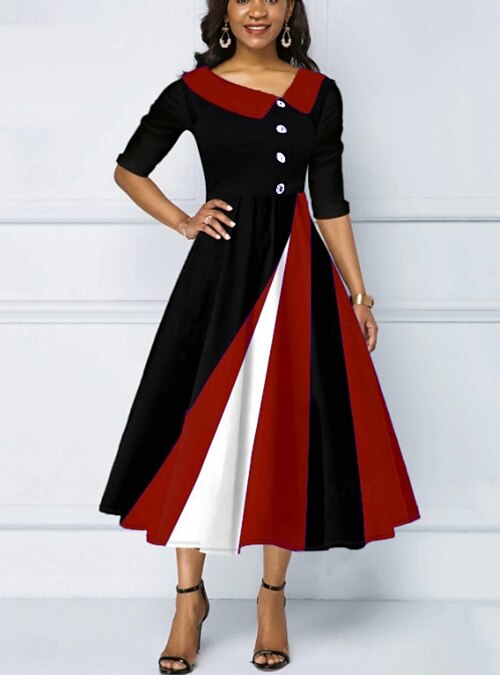 Women's Midi Dress A Line Dress Work Dresses Semi Formal Office Regular Fit  Geometric 3/4 Length Sleeve V Neck Yellow Wine Blue Purple Summer Fall 2026  - $32.99
