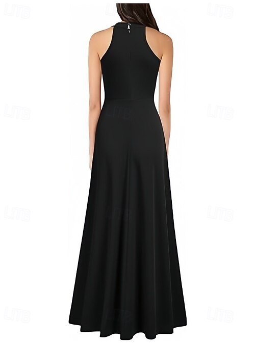 A-Line Wedding Guest Dresses Elegant Dress Wedding Guest Engagement Floor Length Sleeveless Crew Neck Stretch Crepe with Pleats Slit