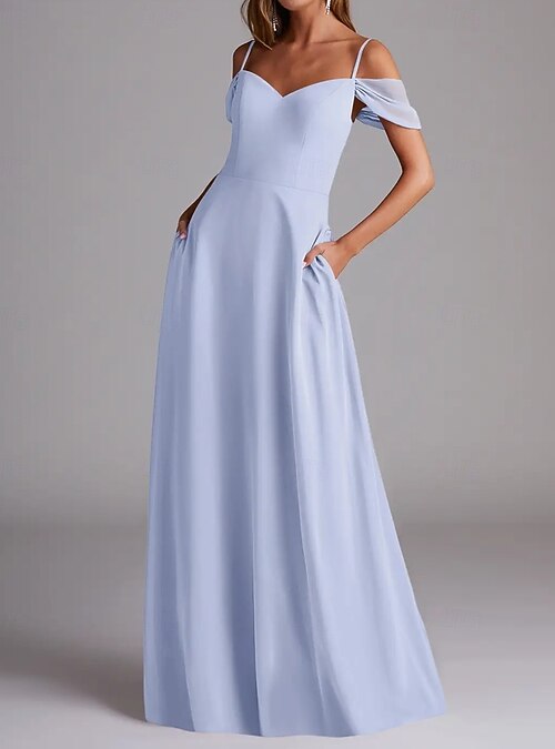 A-Line Bridesmaid Dress Spaghetti Strap Short Sleeve Elegant Floor Length  Chiffon with Solid Color 2026 - $146.99