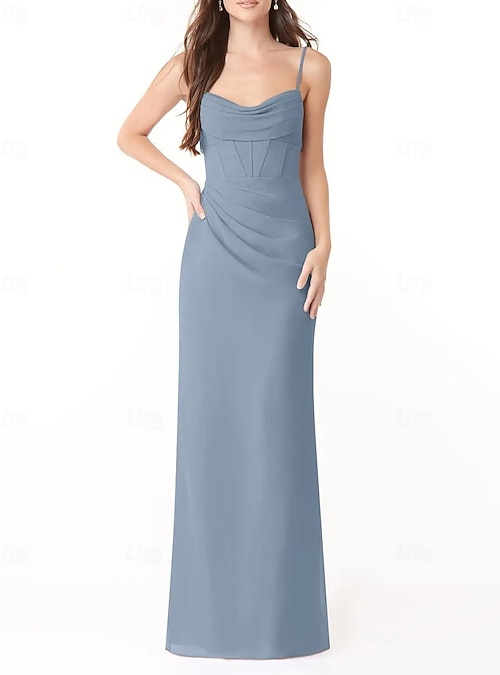 Sheath / Column Bridesmaid Dress Spaghetti Strap Sleeveless Elegant Floor  Length Chiffon with Pleats / Split Front / Ruching 2026 - CAD $257.99