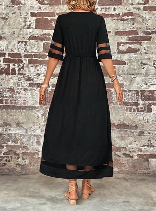 Vestido Cómodo Diario Vestido Casual De Algodón Y Lino Para Mujer - Corte Holgado, Cuello Redondo Y Bolsillos Vestido Casual Cuello Redondo