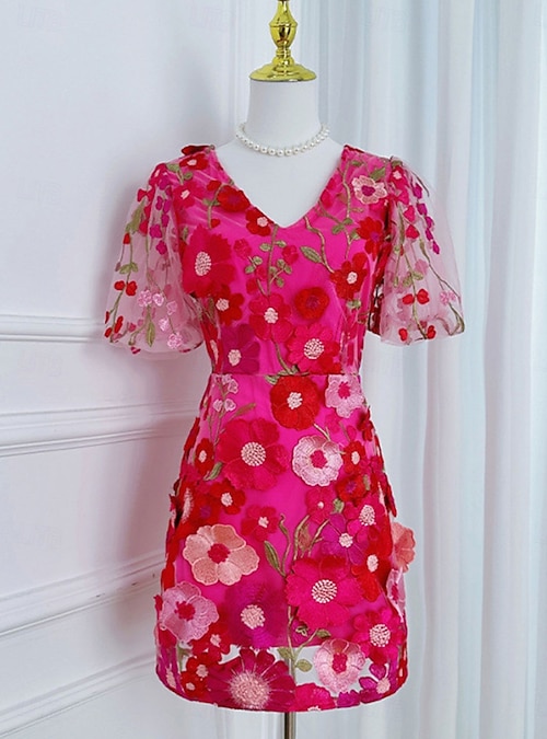 H-Line Mini Dresses Elegant Dress Wedding Wedding Guest Short Sleeve Puff  Sleeve V Neck with Floral Embroidery Lace 2026 - $92.99