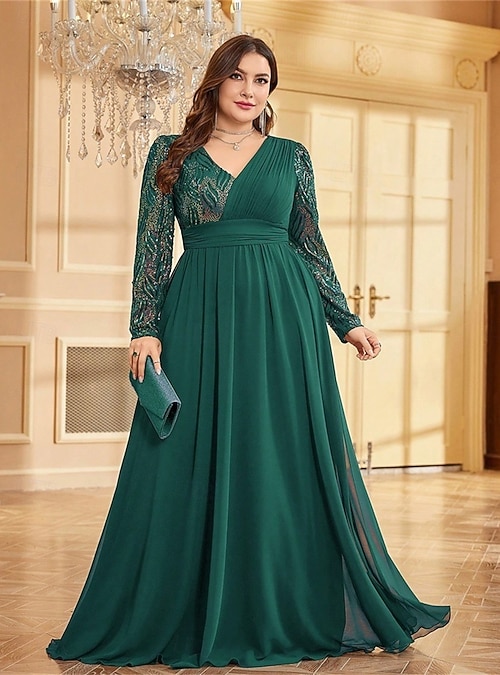 A-Line Plus Size Dresses Elegant Curve Dress Formal Wedding Floor Length  Long Sleeve V Neck Chiffon with Sequin 2026 - AU $203.79