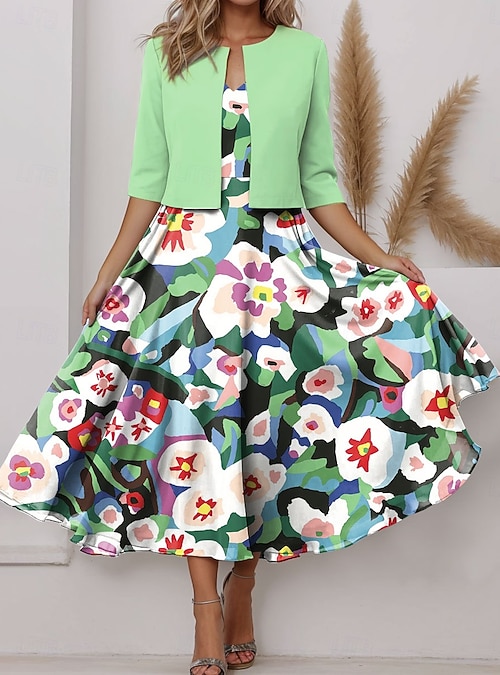 Women's Two Piece Dress Sets Midi Dress with Jacket Elegant A Line Dress Half Sleeve Party Semi Formal Floral Graphic Print V Neck Party Wedding Guest Yellow Pink Blue Spring Fall Regular Women's Two Piece Dress Sets Midi Dress with Jacket Elegant A Line Dress Half Sleeve Party Semi Formal Floral Graphic Print V Neck Party Wedding Guest Yellow Pink Blue Spring Fall Regular