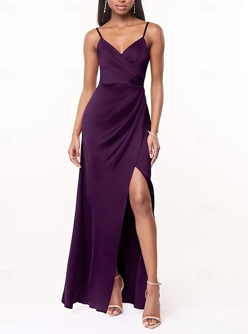 A-Line Bridesmaid Dress V Neck / Spaghetti Strap Sleeveless Elegant Floor  Length Charmeuse with Split Front / Ruching 2026 - $170.99