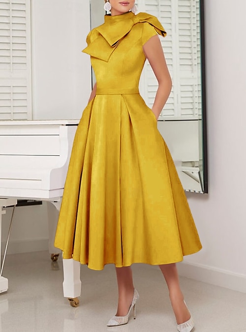 A-Line Mother of the Bride Dress Wedding Guest Elegant Vintage High Neck  Tea Length Satin Short Sleeve with Sash / Ribbon Bow(s) Pleats free custom  size 2026 - 172.99