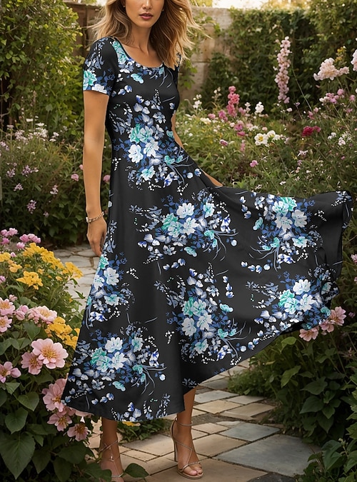 Women's Maxi Dress Knit Dress Casual Dress A Line Dress Summer Dress  Elegant Vacation Casual Regular Fit Floral Graphic Short Sleeve Square Neck  Scoop Neck Yellow Red Blue Purple Summer Spring 2026 -