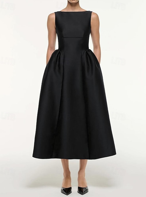A-Line Tea Length Cocktail Dresses Party Dresses Elegant Sleeveless Boat  Neck Garden Party Wedding Satin with Pleats Pocket 2026 - $115.99