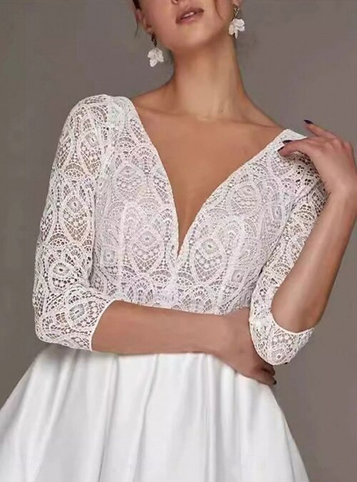 A-Line Tea Length Little White Dress Wedding Dresses Bridal Shower Dresses Bridal Gown Elegant Simple 3/4 Length Sleeve V Neck Graduation Formal Evening Polyester with Solid Color 2026 - $103.99 A-Line Tea Length Little White Dress Wedding Dresses Bridal Shower Dresses Bridal Gown Elegant Simple 3/4 Length Sleeve V Neck Graduation Formal Evening Polyester with Solid Color 2026 - $103.99