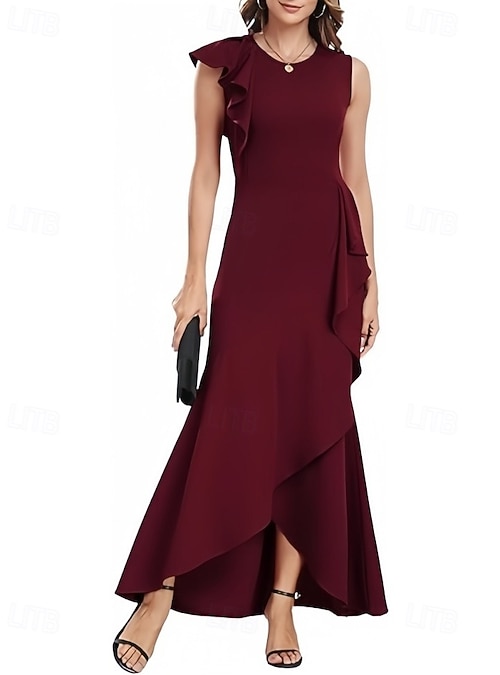 A-Line Wedding Guest Dresses Elegant Dress Wedding Guest Engagement  Asymmetrical Sleeveless Crew Neck Stretch Crepe with Ruffles Slit 2026 - AU  $250.19