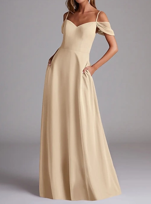 A-Line Bridesmaid Dress Spaghetti Strap Short Sleeve Elegant Floor Length  Chiffon with Solid Color 2026 - $146.99