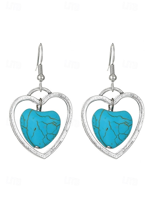 Turquoise Heart Earrings For Women - Delicate Boho Dangle Drop Ethnic Vintage Style Jewelry