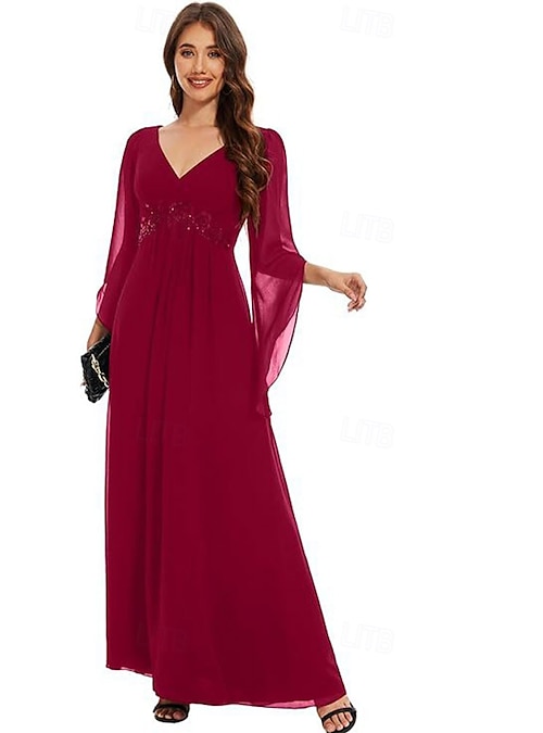 A-Line Mother of the Bride Dress Elegant Simple V Neck Floor Length Chiffon  Long Sleeve with Pleats Solid Color 2026 - $136.99