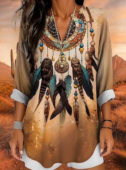 Blusa de mujer túnica de cuello en V manga larga boho casual