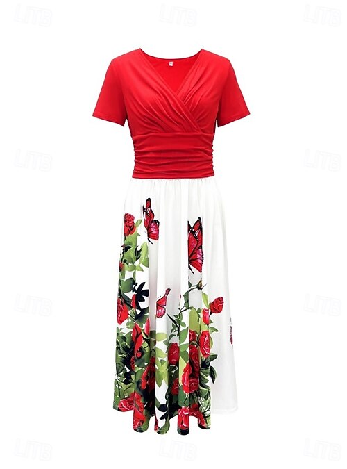 Women's Midi Dress Summer Dress Fit And Flare Dress Vacation Party Casual  Wedding Guest Birthday Daily Regular Fit Floral Graphic Short Sleeve V Neck  Red Blue Green Summer 2026 - $30.99