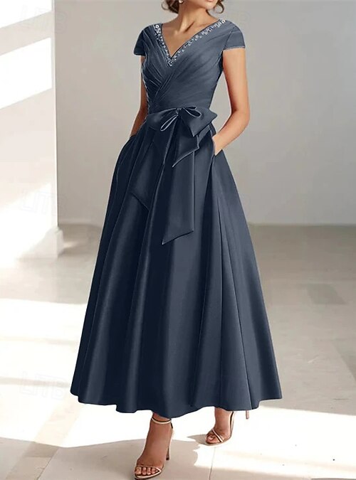 A-Line Ankle Length Cocktail Dresses Party Dresses Elegant Silky Short Sleeve V Neck Wedding Formal Pocket Satin with Bow(s) Beading A-Line Ankle Length Cocktail Dresses Party Dresses Elegant Silky Short Sleeve V Neck Wedding Formal Pocket Satin with Bow(s) Beading