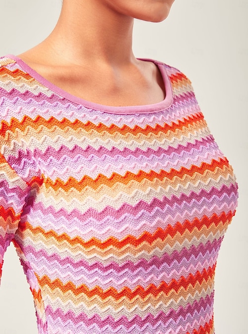 Women's Elegant Rainbow Wave Stretch Knit Fitted Mini Dress Chic Bodycon Style with Colorful Flair