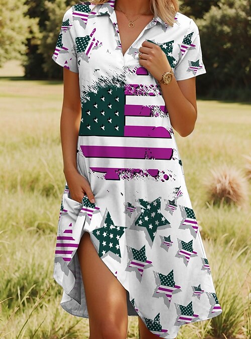 Women's Patriotic Midi Dress A Line Dress Vacation Casual Beach Daily Beach  Regular Fit Graphic Stars and Stripes Short Sleeve V Neck Red Blue Purple  Green Summer 2026 - $33.99