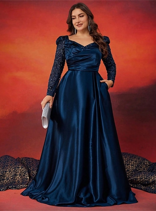 A-Line Plus Size Dresses Elegant Curve Dress Formal Wedding Floor Length  Long Sleeve Sweetheart Satin with Pleats 2026 - AU $220.79