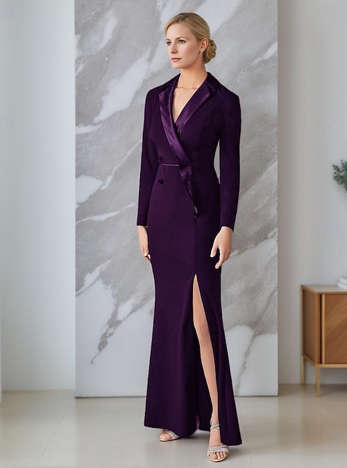 shirt dress women's clothing Tuxedo A-Line Formal Wedding Guest Jersey Elegant Luxurious Long Sleeve Ankle Length Split Thigh Notched Lapels Single Breasted 2026 This stunning black evening gown vivianeaudi's Wedding Guest Collection on