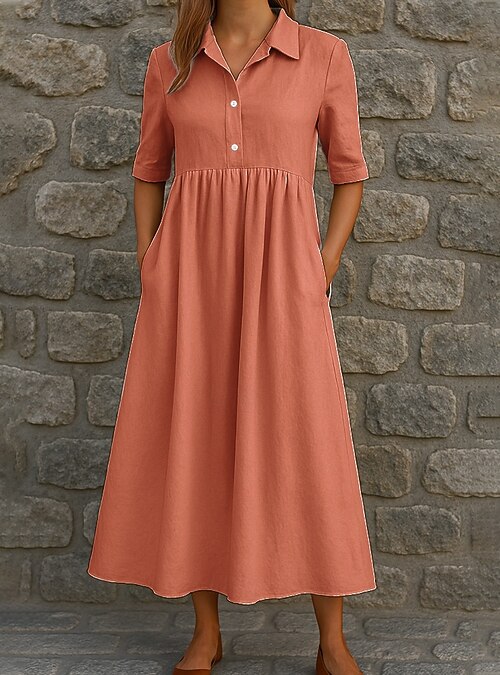 Women's Long Dress Maxi Dress Faux Cotton Linen Shirt Dress Casual Dress  Elegant Daily Date Loose Fit Pure Color Half Sleeve Shirt Collar Blue Coral  White Green Summer 2026