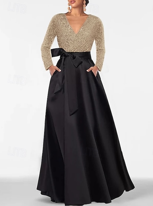 A-Line Floor Length Wedding Guest Dress Formal Dresses Flare Dress Mother  of the Bride Dress Long Sleeve V Neck Elegant Wedding Formal Wedding Guest  Satin with Glitter Bow(s) Slit 2026 - CAD