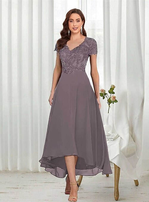 a line solid dress A-Line/Princess V-Neck Short Sleeves Asymmetrical Mother of the Bride –  mollyevers.com main image 0