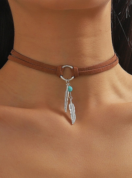 Women's Boho Feather Charm Choker Necklace – Faux Suede Leather