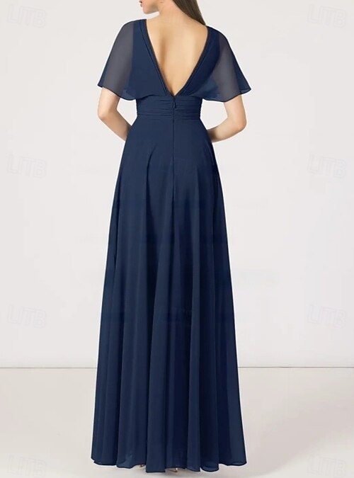 sachin and babi light blue dress A-Line Wedding Guest Dresses Elegant Dress Wedding Guest Engagement Floor Length Short Sleeve V Neck Chiffon with Pleats Ruched