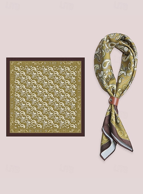 Men's Paisley Print Square Neck Scarf with Leather Buckle, Vintage