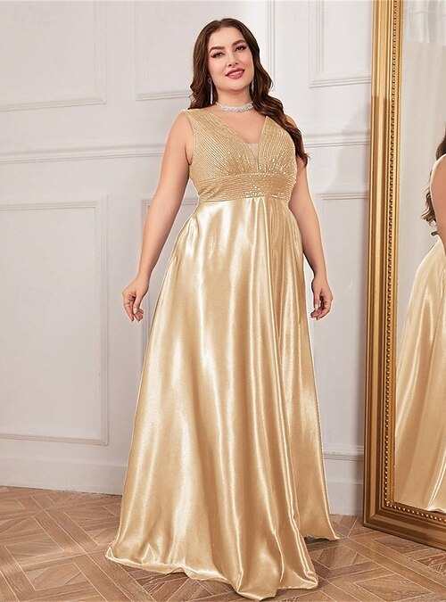 A-Line Plus Size Dresses Elegant Curve Dress Formal Wedding Floor Length Sleeveless V Neck Satin V Back with Pleats