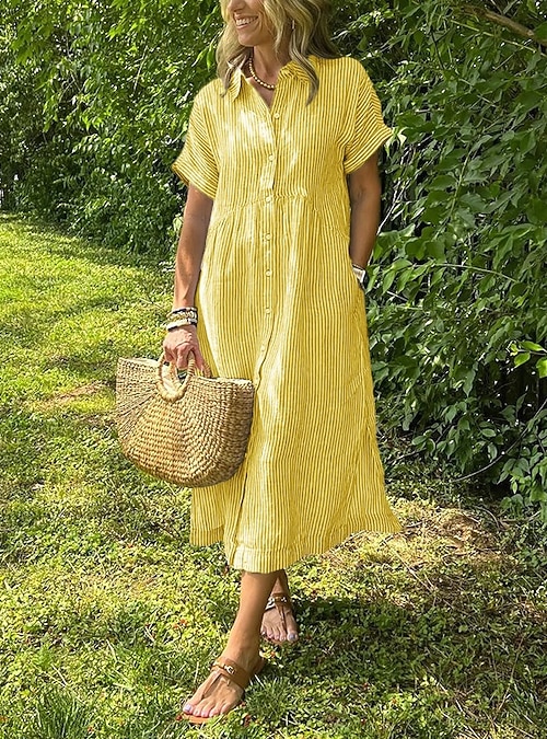 Women's Midi Dress Faux Cotton Linen Shift Dress Cotton Maxi Dress Casual  Loose Fit Stripe Short Sleeve Shirt Collar Lapel Blue Light Yellow Black  White Summer Spring Fall 2026 - $20.99