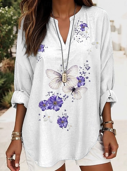 Women's Blouse Tunic V Neck Long Sleeve Boho Casual Tops Graphic
