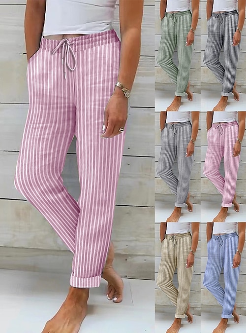 Pantaloni Donna A Vita Alta Con Stampa A Righe E Coulisse - Gamba Larga Con Tasche, Morbidi E Comodi