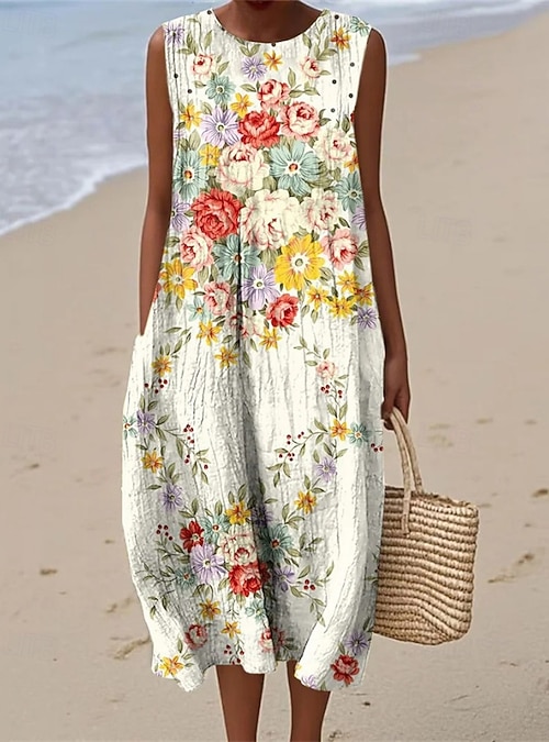 Women's Midi Dress Casual Dress Summer Dress Fashion Modern Daily Beach  Weekend Regular Fit Flower Sleeveless Crew Neck White Yellow Fall 2025 -  SGD S$36.71