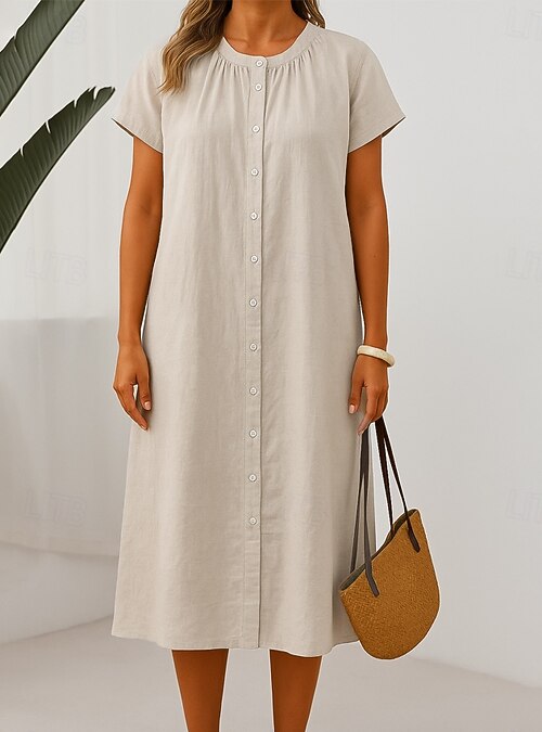 Women's 100% Cotton Midi Dress Dress Summer Dress Casual Daily Regular Fit  Plain Short Sleeve Crew Neck Black Brown Apricot Summer 2026 - CAD $62.99