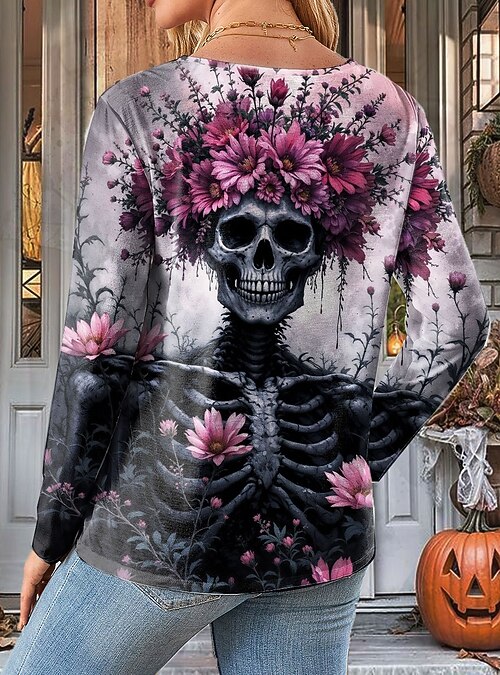 Halloween Camiseta de Mujer Calaveras Cuello Redondo de Manga