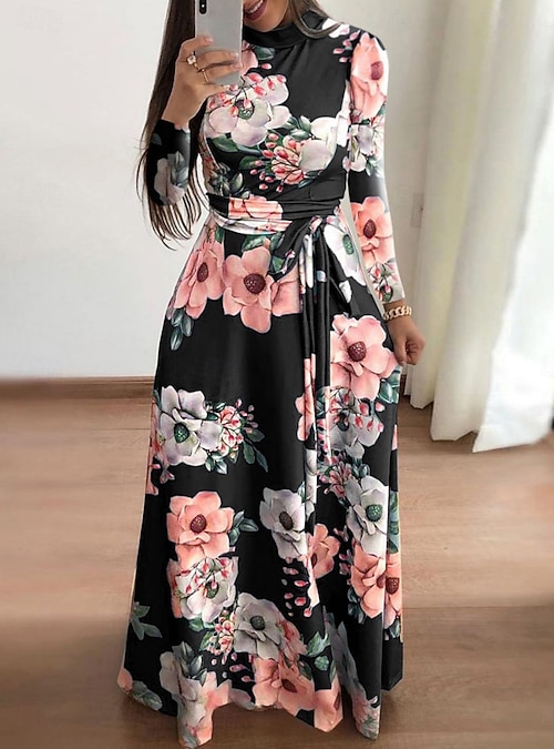 Women's Maxi Dress A Line Dress Vacation Casual Semi Formal Office Regular  Fit Floral Short Sleeve Turtleneck Black Navy Blue Blue Summer Spring Fall  2026 - $36.99