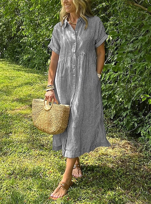 Women's Midi Dress Faux Cotton Linen Shift Dress Cotton Maxi Dress Casual  Loose Fit Stripe Short Sleeve Shirt Collar Lapel Blue Light Yellow Black  White Summer Spring Fall 2026 - $15.99