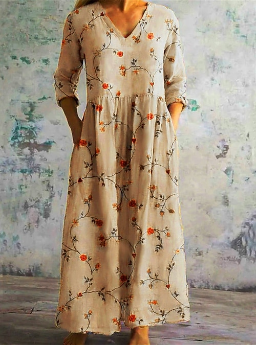 Women's Maxi Dress Faux Cotton Linen Shift Dress Casual Daily Regular Fit  Floral 3/4 Length Sleeve V Neck Yellow Green Gray Spring Fall 2026 - AU  $48.49