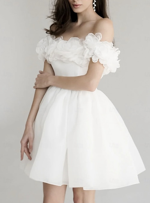A-Line Short Mini Little White Dress Cocktail Dresses Wedding Dresses  Bridal Shower Dresses Little White Dresses Short Sleeve Off Shoulder  Homecoming Graduation Organza with Pleats Shouder Flower 2026 - $173.99