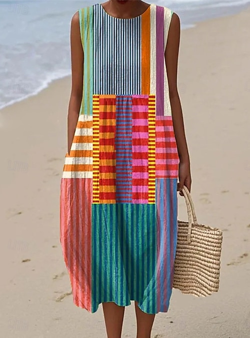 Women's Midi Dress Sundress Vacation Casual Boho Going out Floral Graphic  Sleeveless Crewneck White Blue Orange Green Summer Spring 2025 - $35.99