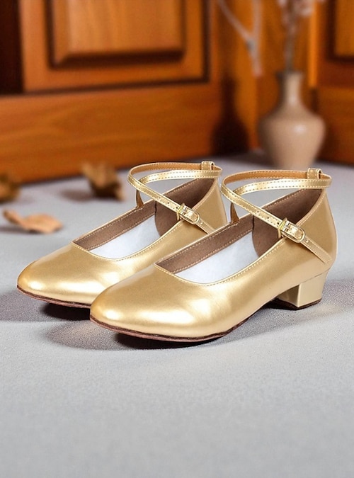 womens gold dress shoes low heel Women's Gold Low Heel Character Dance Shoes - Soft Sole Cross-Strap  Professional Ballroom Practice Shoes for Latin and Jazz Performances 2026