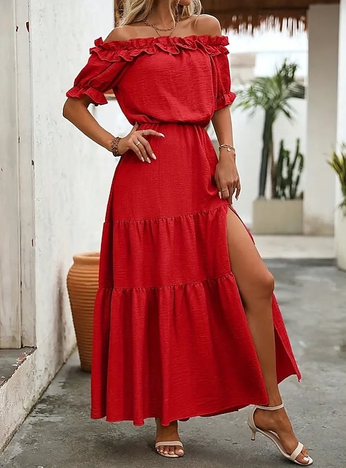 Women's Long Dress Maxi Dress Swing Dress Summer Dress Elegant Going out  Summer Dress Regular Fit Pure Color Short Sleeve Off Shoulder Black Red  Rose Red Apricot Summer 2026 - JOD JD19.5
