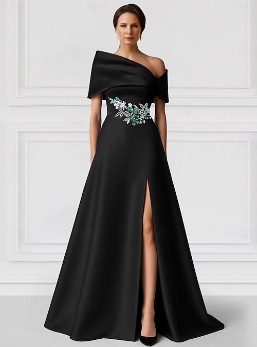 black and champagne mother of the bride dress Zapaka Women Long Champagne Mother of the Bride Dress with Lace Appliques Stretch Satin Off the Shoulder Back Zipper Formal Dress, Champagne / US18W