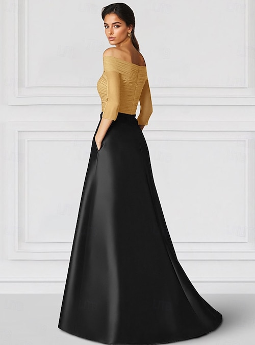 A-Line Floor Length Wedding Guest Dress Formal Dresses Evening Gown Mother of the Bride Dress Half Sleeve Off Shoulder Elegant Color Block Wedding Formal Wedding Guest Satin with Ruched 2026 - 487 A-Line Floor Length Wedding Guest Dress Formal Dresses Evening Gown Mother of the Bride Dress Half Sleeve Off Shoulder Elegant Color Block Wedding Formal Wedding Guest Satin with Ruched 2026 - 487